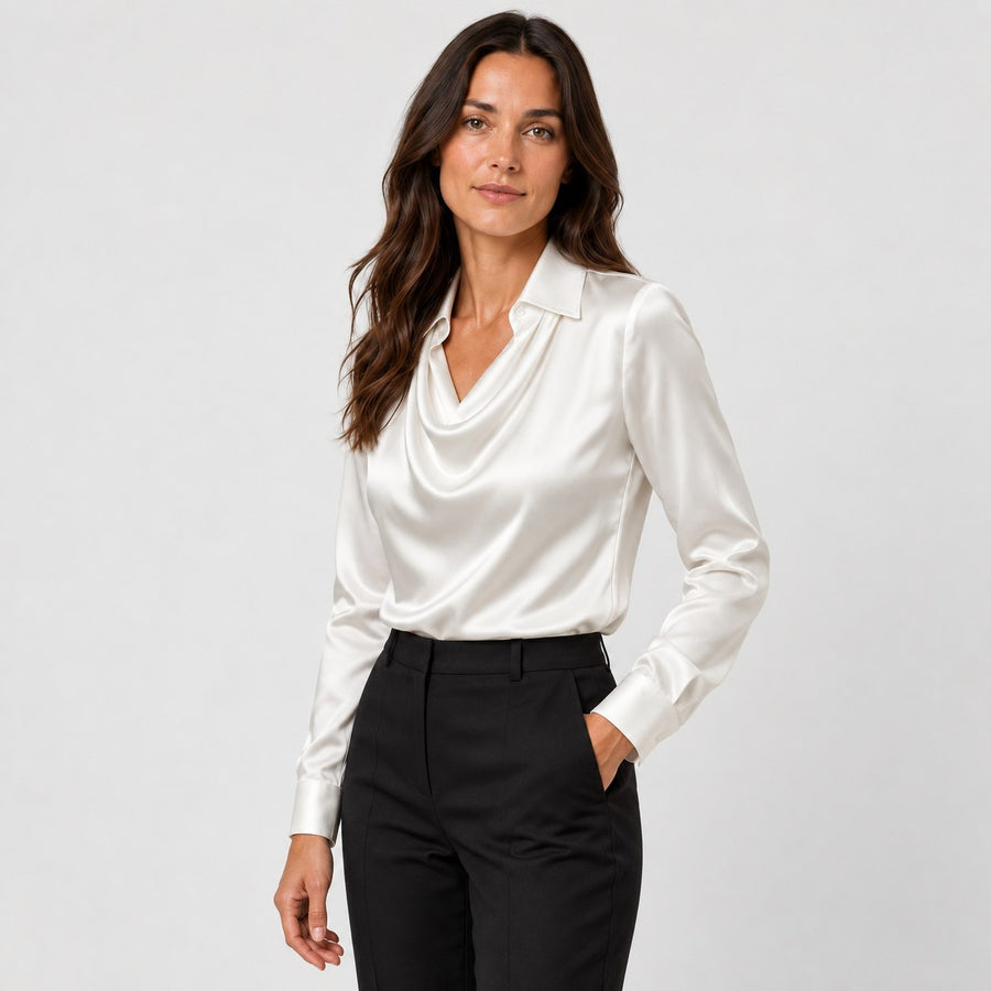 Women's satin cowl neck blouse in White | Eardisland – side view