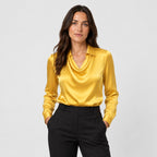 Women's satin cowl neck blouse in Yellow | Eardisland – front view