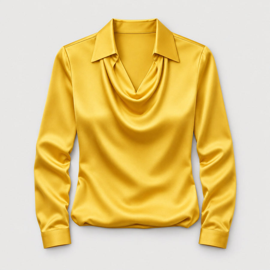 Women's satin cowl neck blouse in Yellow | Eardisland – front view