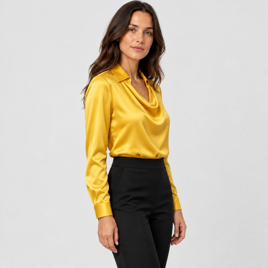 Women's satin cowl neck blouse in Yellow | Eardisland – side view
