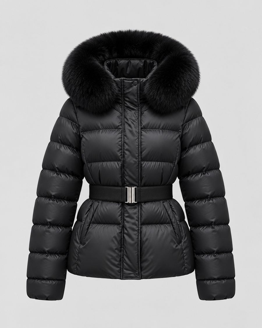 Women's Belted Puffer Jacket with Faux Fur Hood | Alston