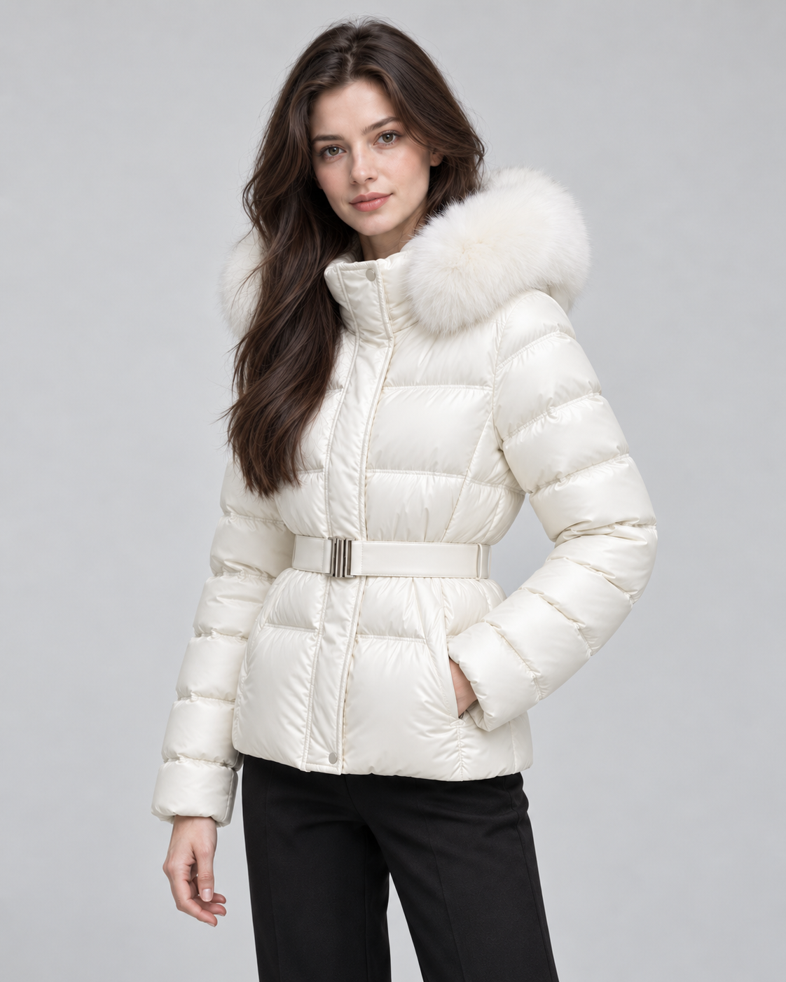 Women's Belted Puffer Jacket with Faux Fur Hood | Alston