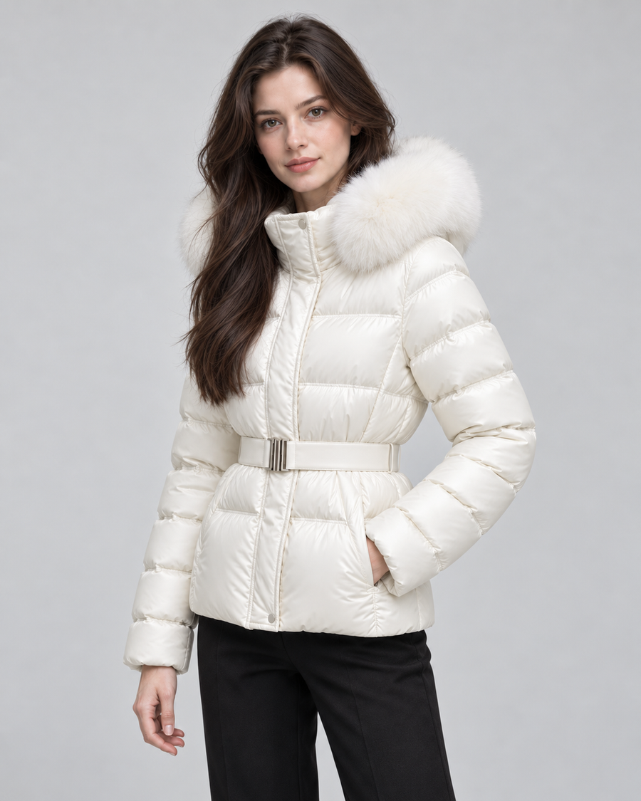 Women's Belted Puffer Jacket with Faux Fur Hood | Alston