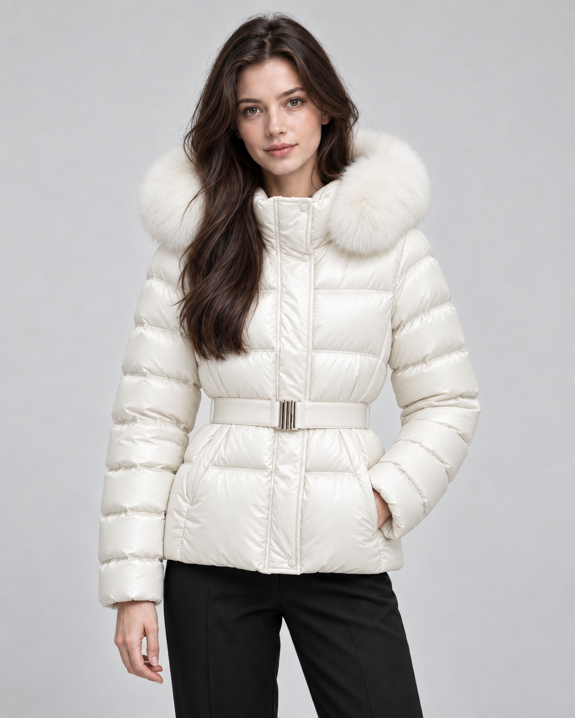 Women's Belted Puffer Jacket with Faux Fur Hood | Alston