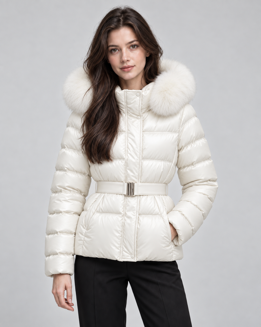 Women's Belted Puffer Jacket with Faux Fur Hood | Alston