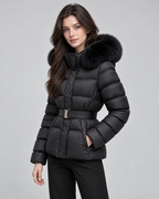 Women's Belted Puffer Jacket with Faux Fur Hood | Alston