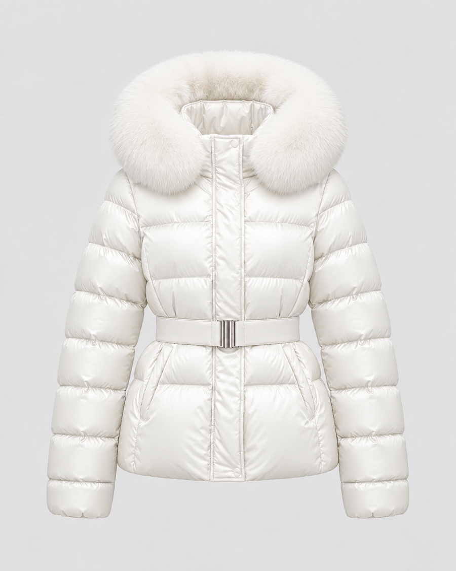 Women's Belted Puffer Jacket with Faux Fur Hood | Alston