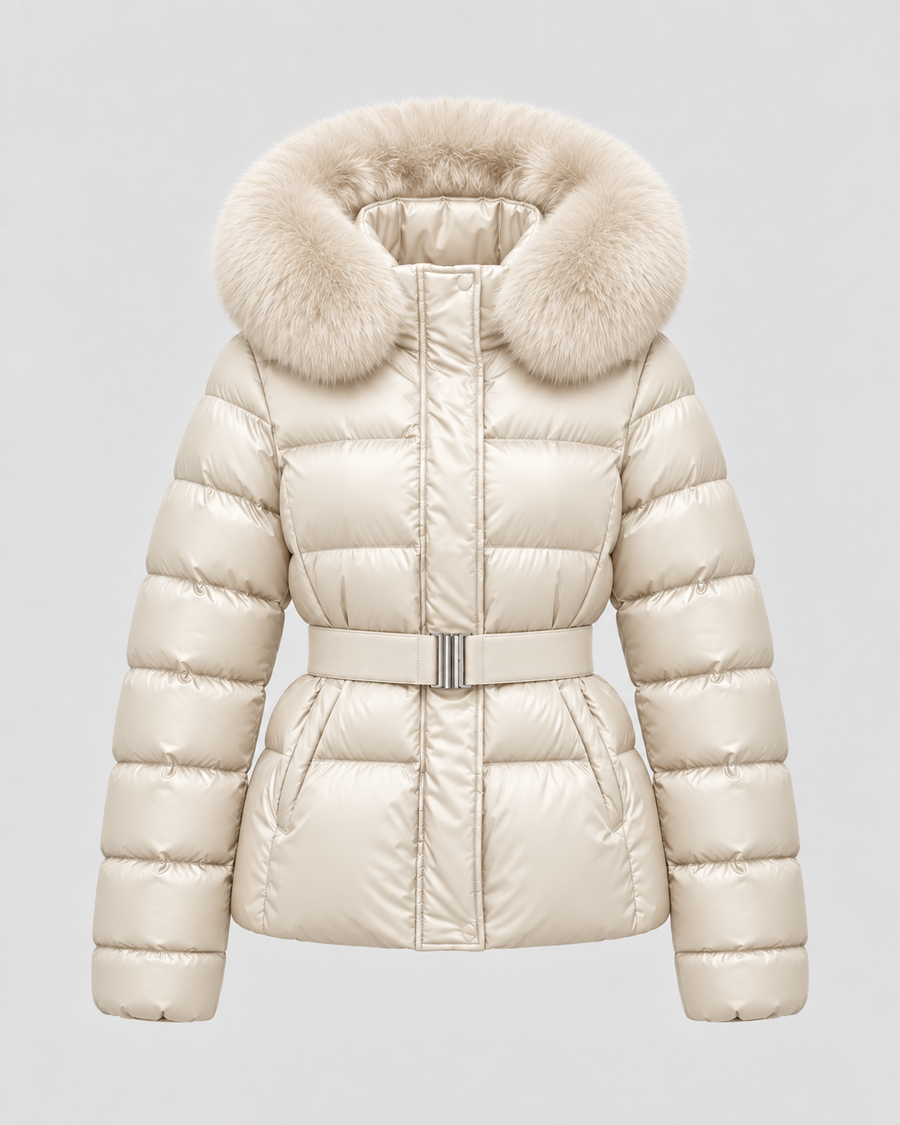 Women's Belted Puffer Jacket with Faux Fur Hood | Alston