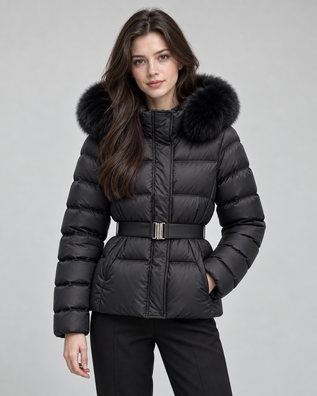 Women's Belted Puffer Jacket with Faux Fur Hood | Alston