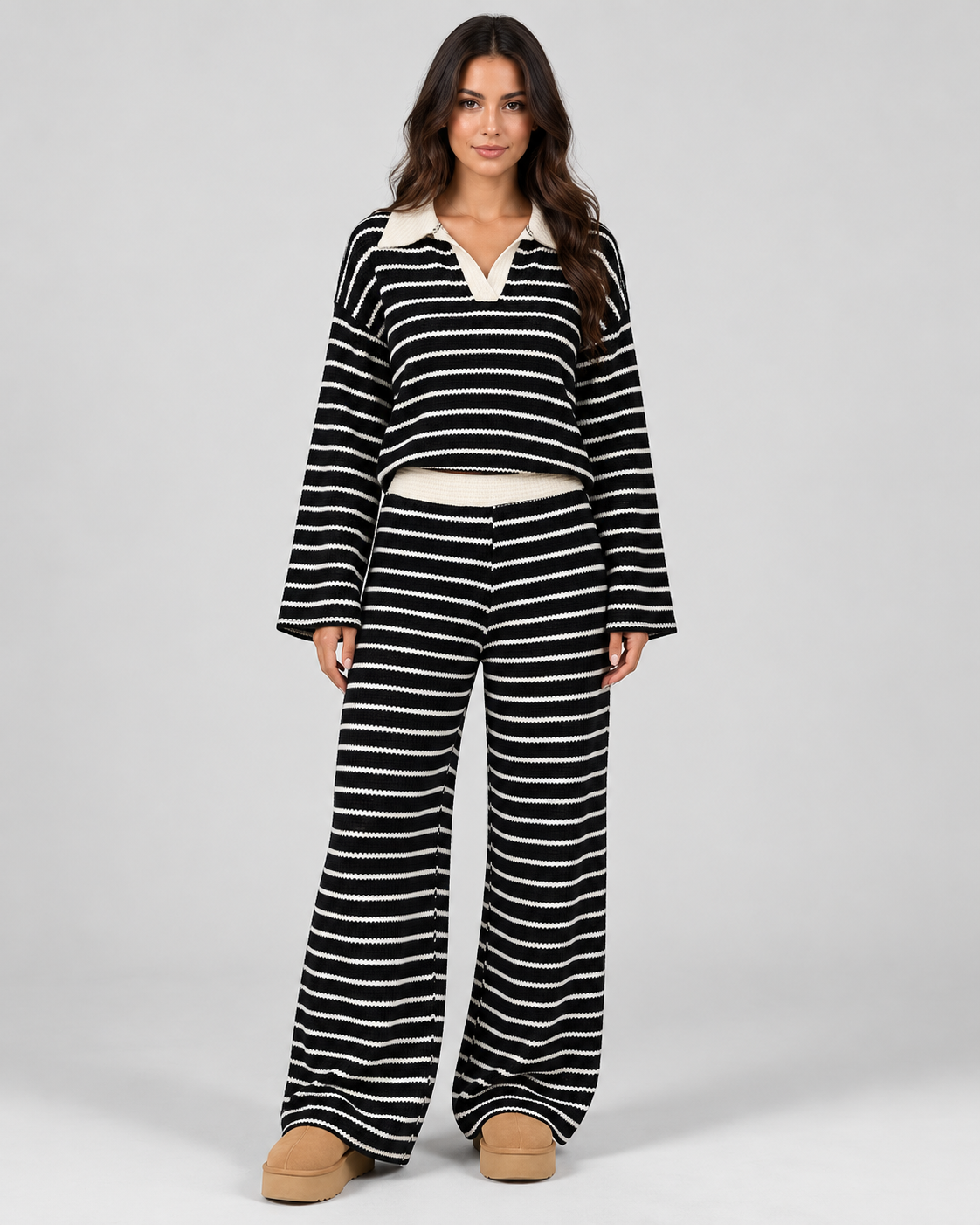 Damski dzianinowy komplet w paski z kołnierzykiem polo | Dunwich