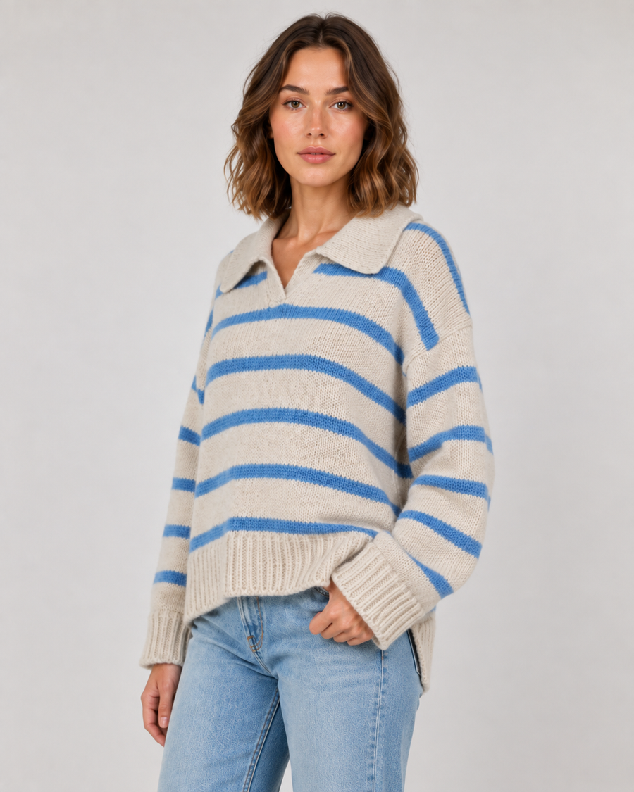 Pull en maille à col polo rayé pour femme | Hatherop