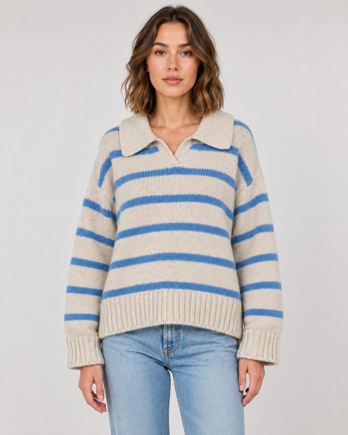 Pull en maille à col polo rayé pour femme | Hatherop