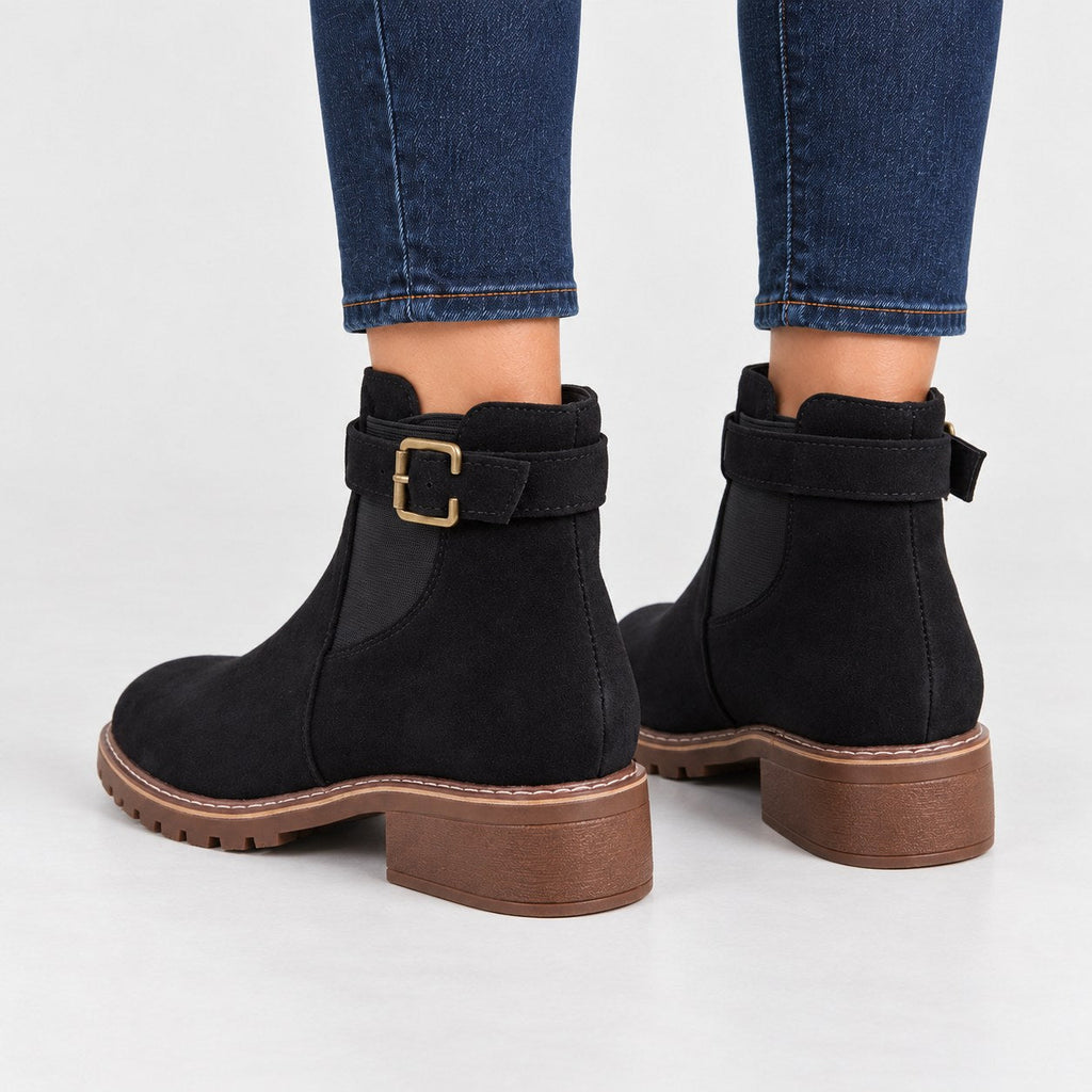 Women's Suede-Look Buckle Ankle Boots in Black | Kingsand – back view