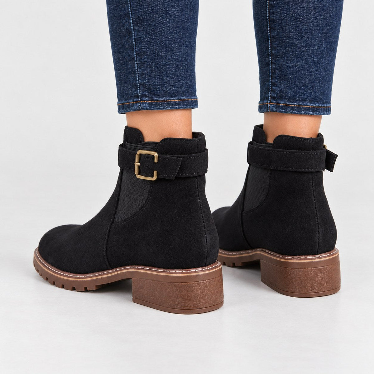 Women's Suede-Look Buckle Ankle Boots in Black | Kingsand – back view