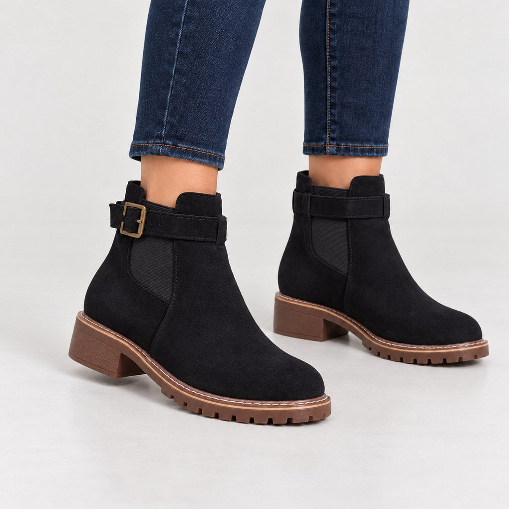 Women's Suede-Look Buckle Ankle Boots in Black | Kingsand – front view