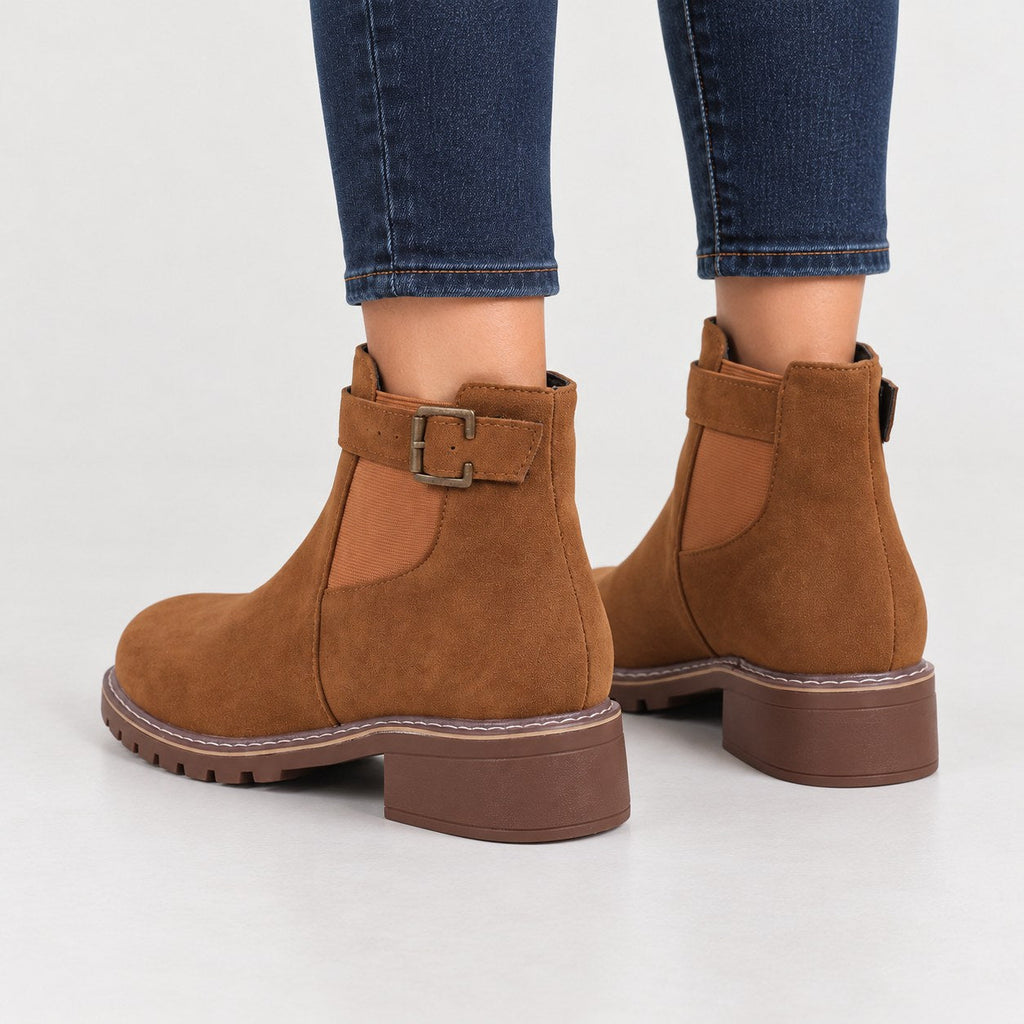 Women's Suede-Look Buckle Ankle Boots in Tan | Kingsand – back view