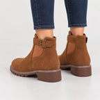 Women's Suede-Look Buckle Ankle Boots in Tan | Kingsand – back view