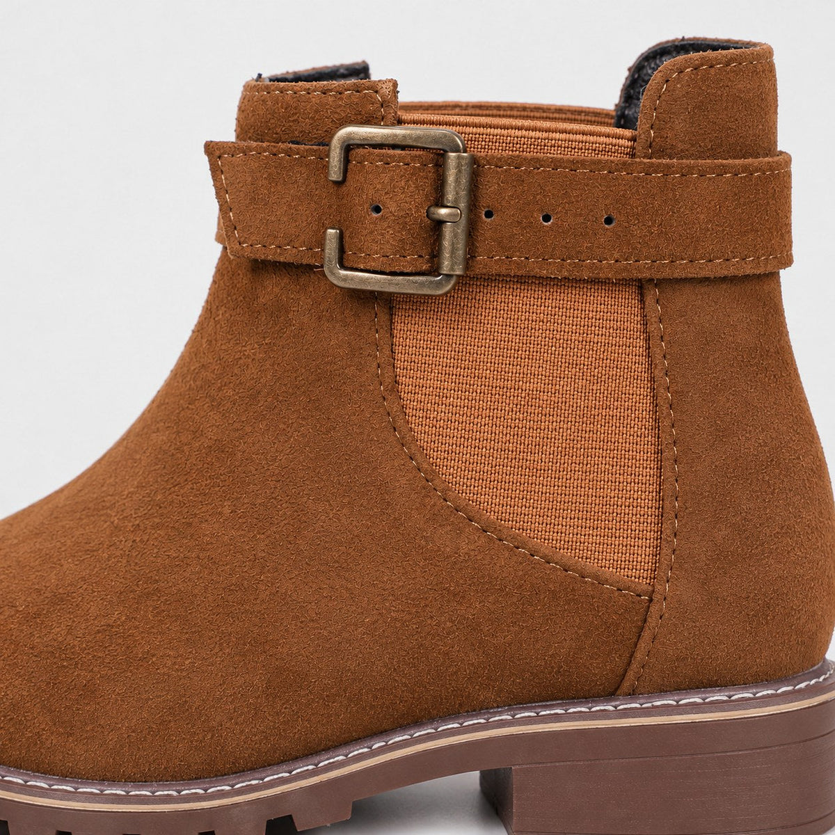 Women's Suede-Look Buckle Ankle Boots in Tan | Kingsand – detail view