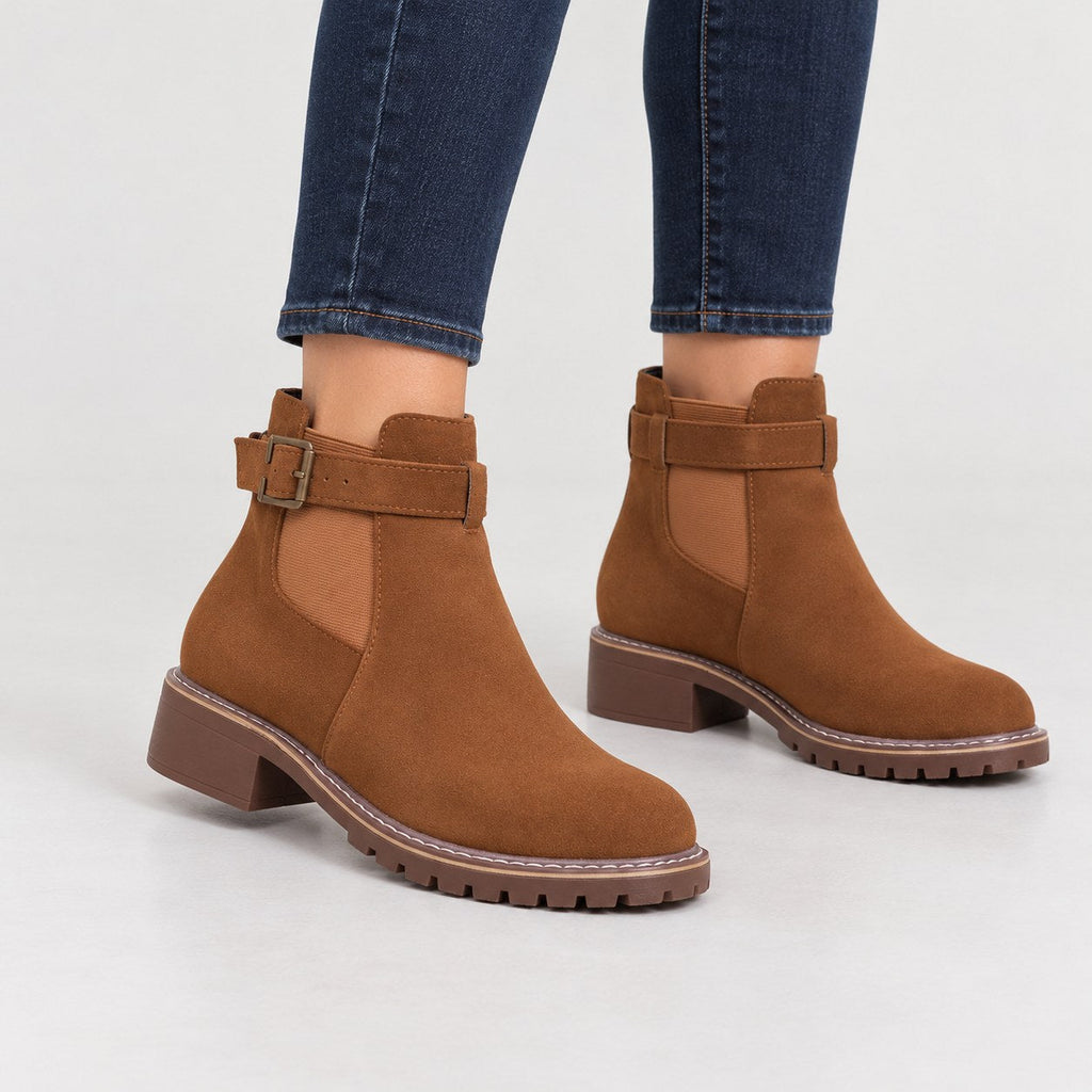 Women's Suede-Look Buckle Ankle Boots in Tan | Kingsand – front view