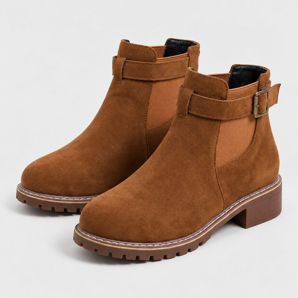 Women's Suede-Look Buckle Ankle Boots in Tan | Kingsand – side view