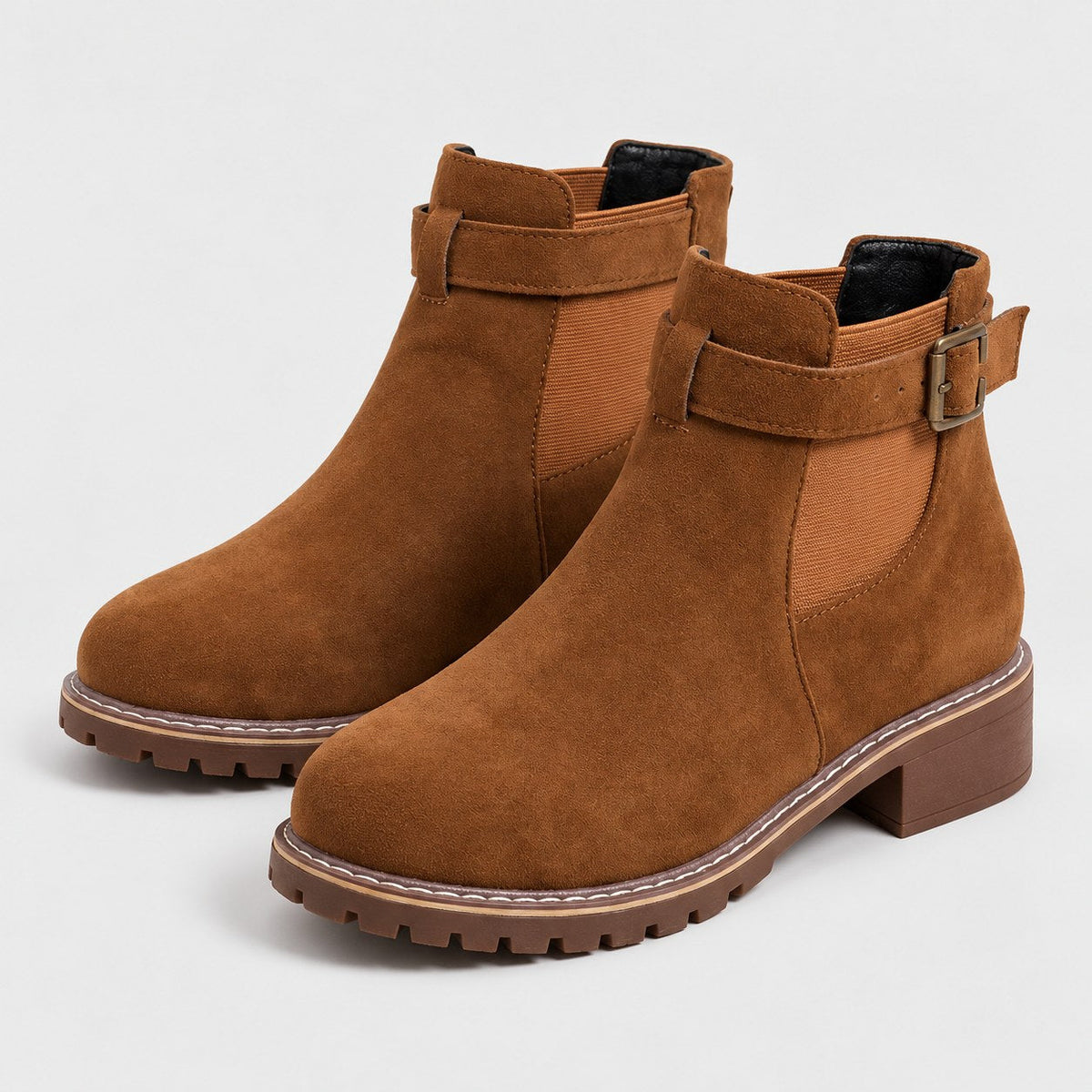 Women's Suede-Look Buckle Ankle Boots in Tan | Kingsand – side view