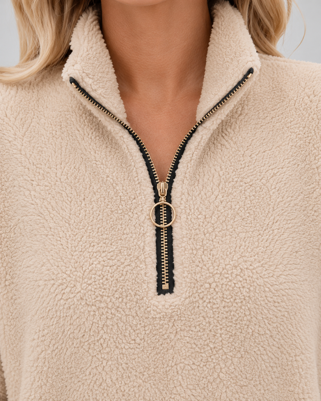 Pull en polaire teddy à col cheminée avec demi-fermeture zippée pour femme | Buscot