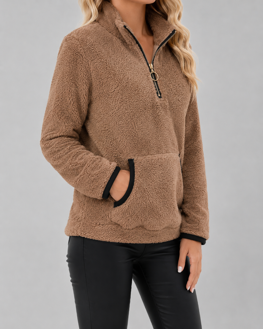 Pull en polaire teddy à col cheminée avec demi-fermeture zippée pour femme | Buscot