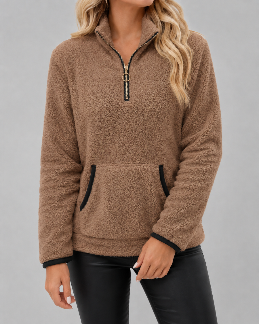 Pull en polaire teddy à col cheminée avec demi-fermeture zippée pour femme | Buscot
