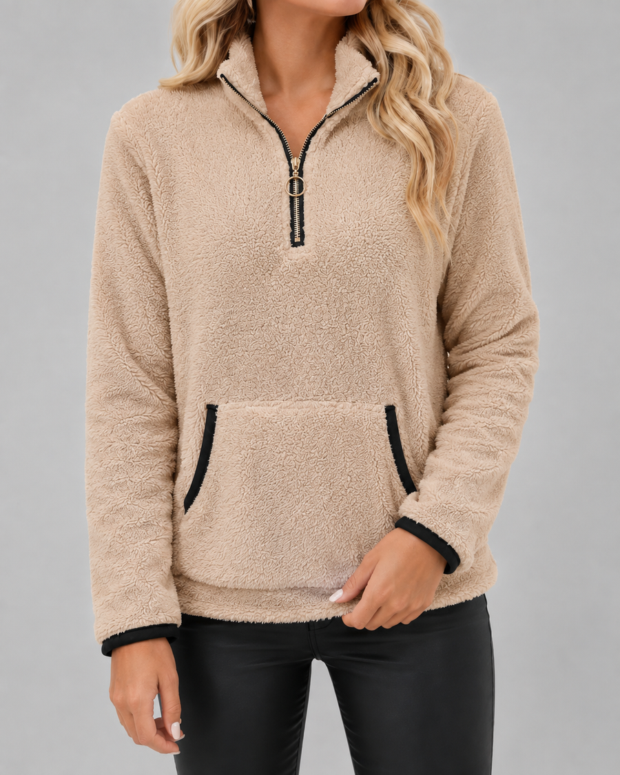 Pull en polaire teddy à col cheminée avec demi-fermeture zippée pour femme | Buscot