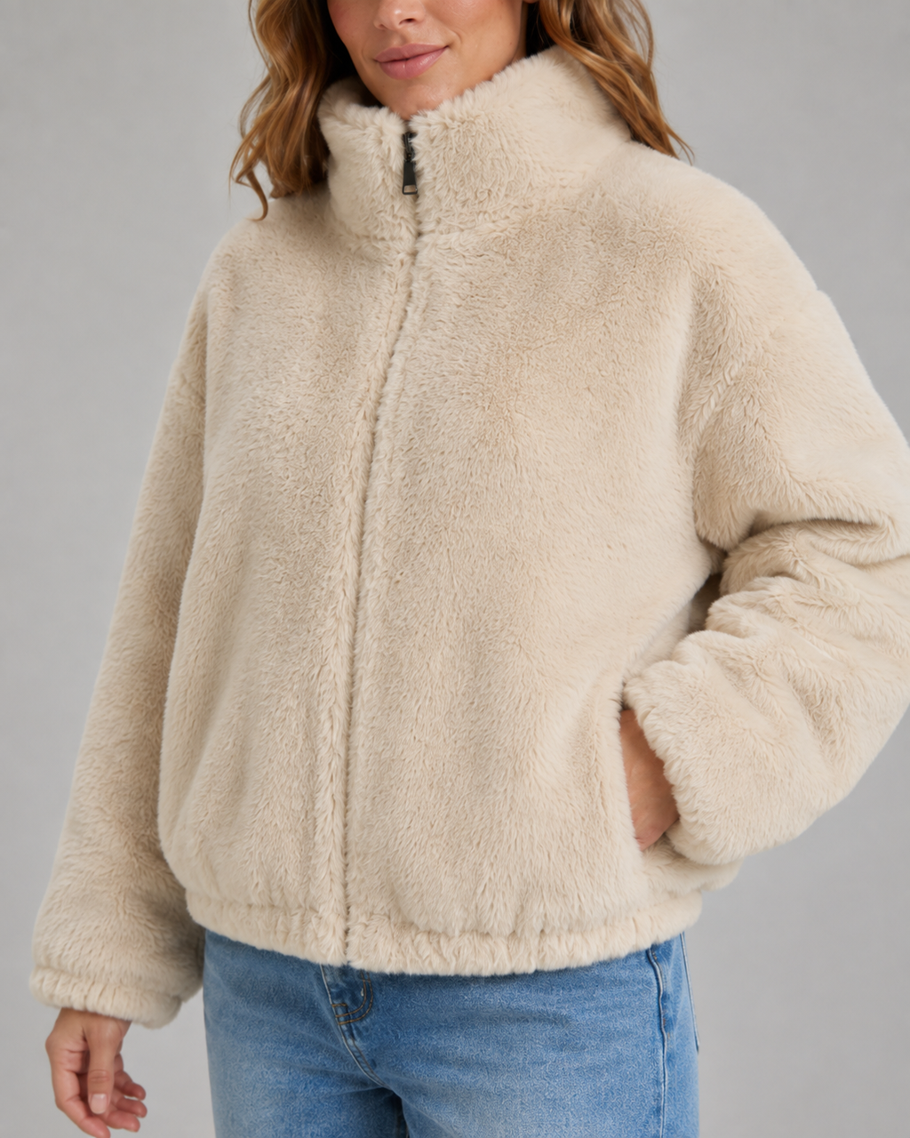 Veste courte en tissu teddy à col cheminée pour femme | Ampney