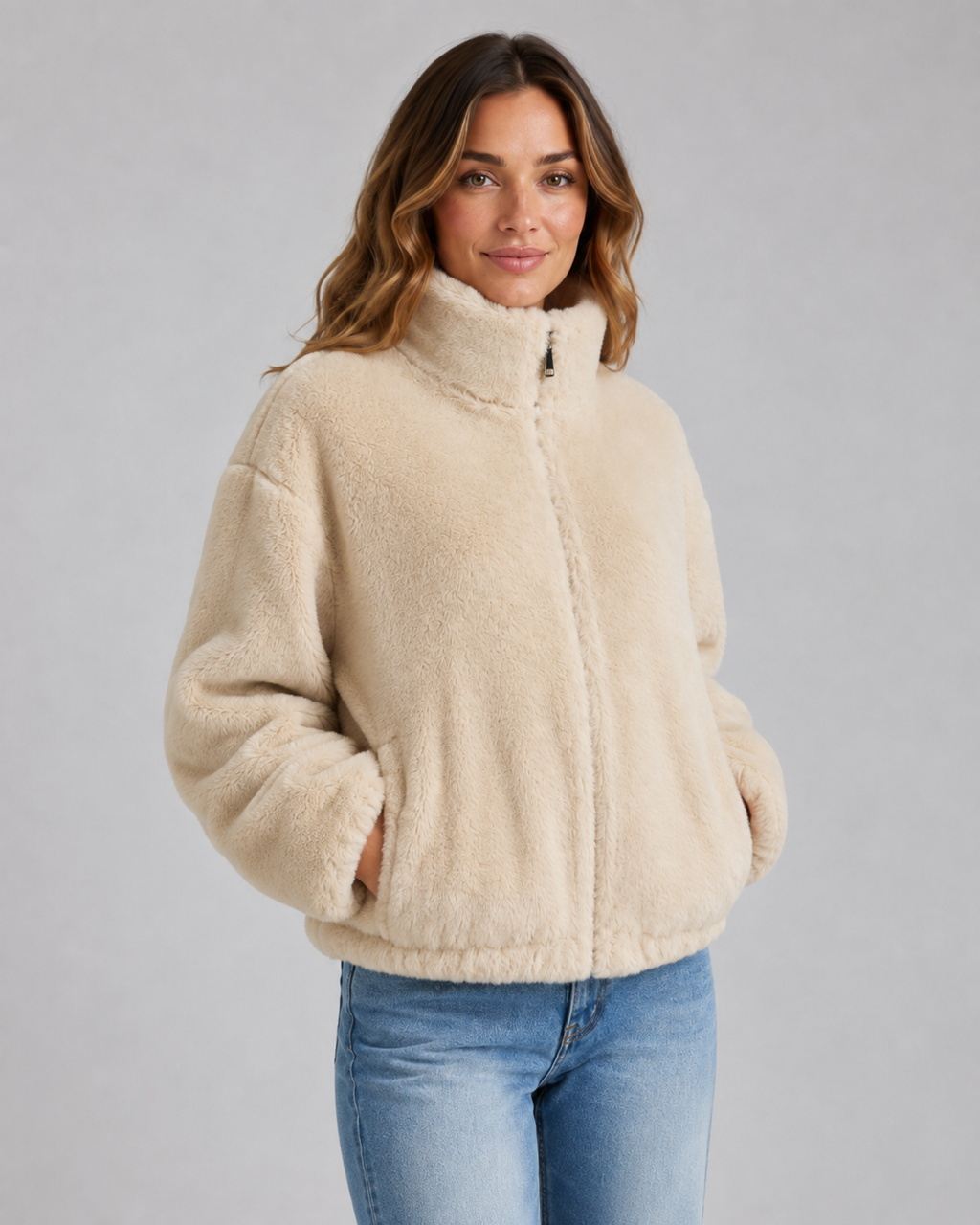 Veste courte en tissu teddy à col cheminée pour femme | Ampney