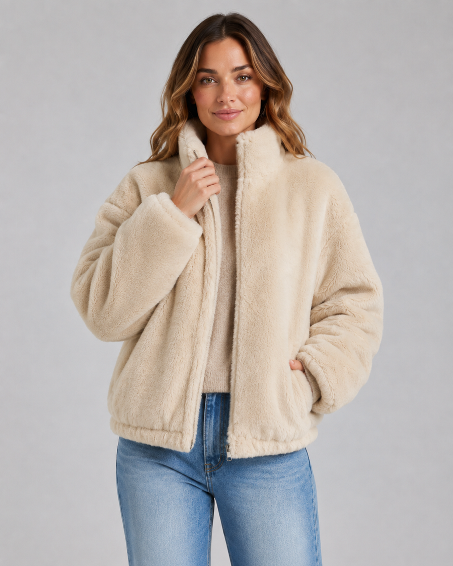 Women's Cropped Teddy Jacket with Funnel Neck | Ampney