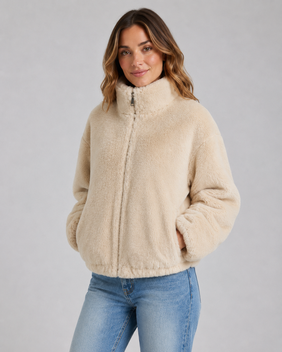 Women's Cropped Teddy Jacket with Funnel Neck | Ampney