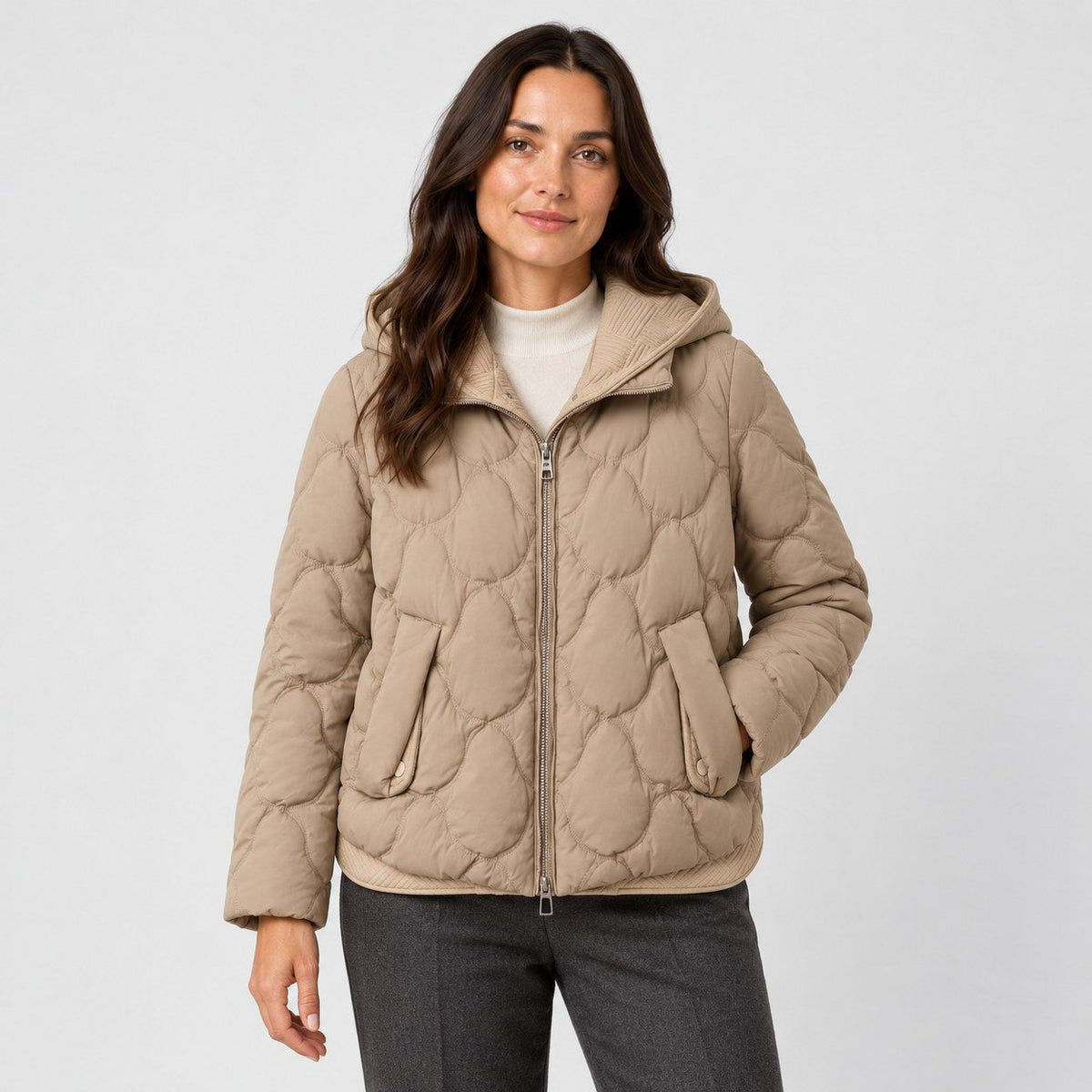 Women's wave-quilted puffer jacket in Beige | Hargrave – front view