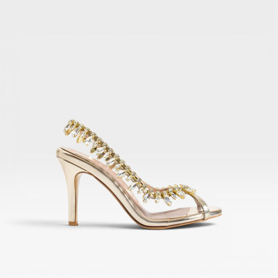 Women's Metallic Strappy Heels with Crystal Chain